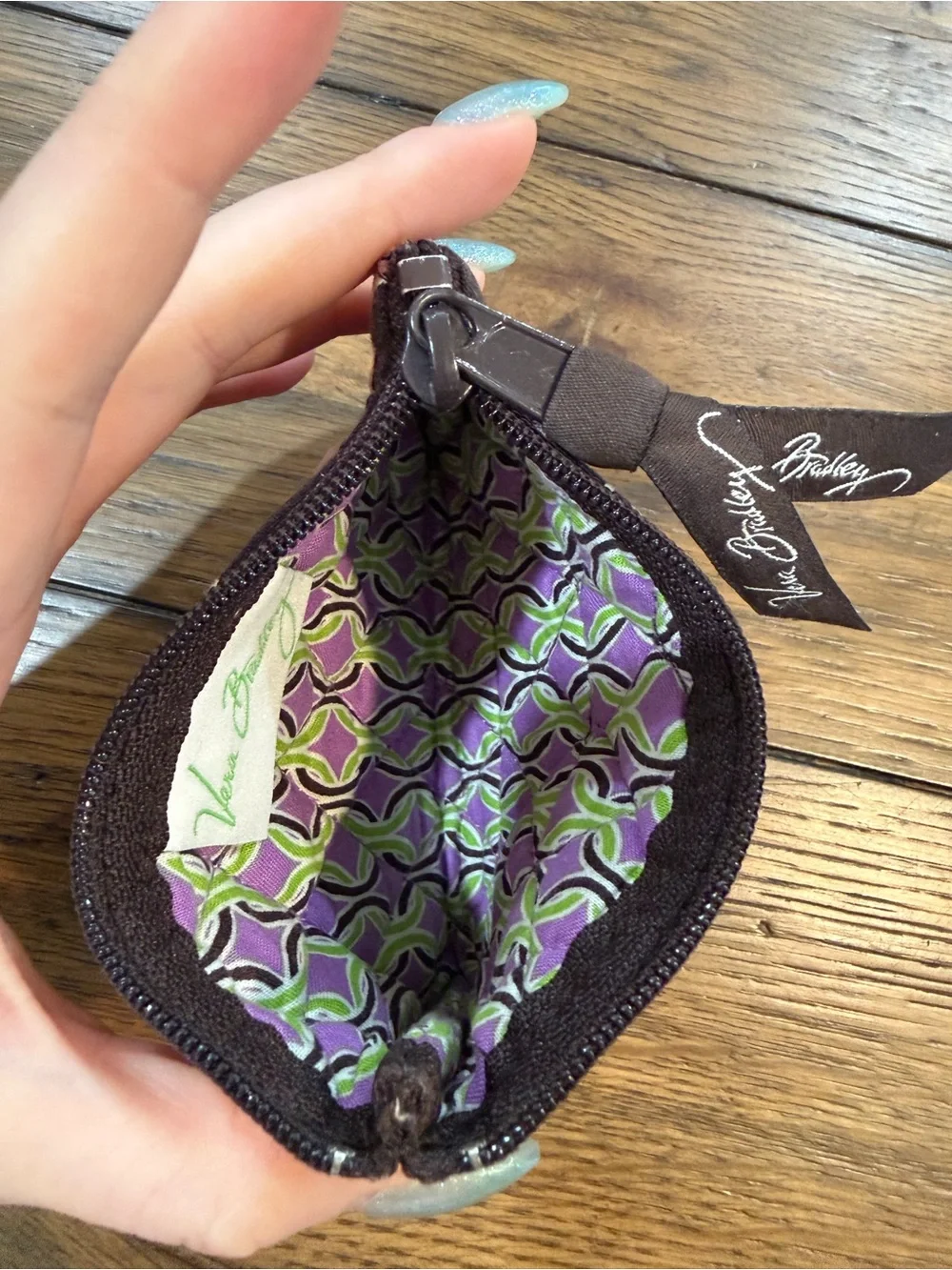 Vera Bradley Quilted Small Zip Coin Pouch in Purple, Green & Brown - Picture 3 of 6